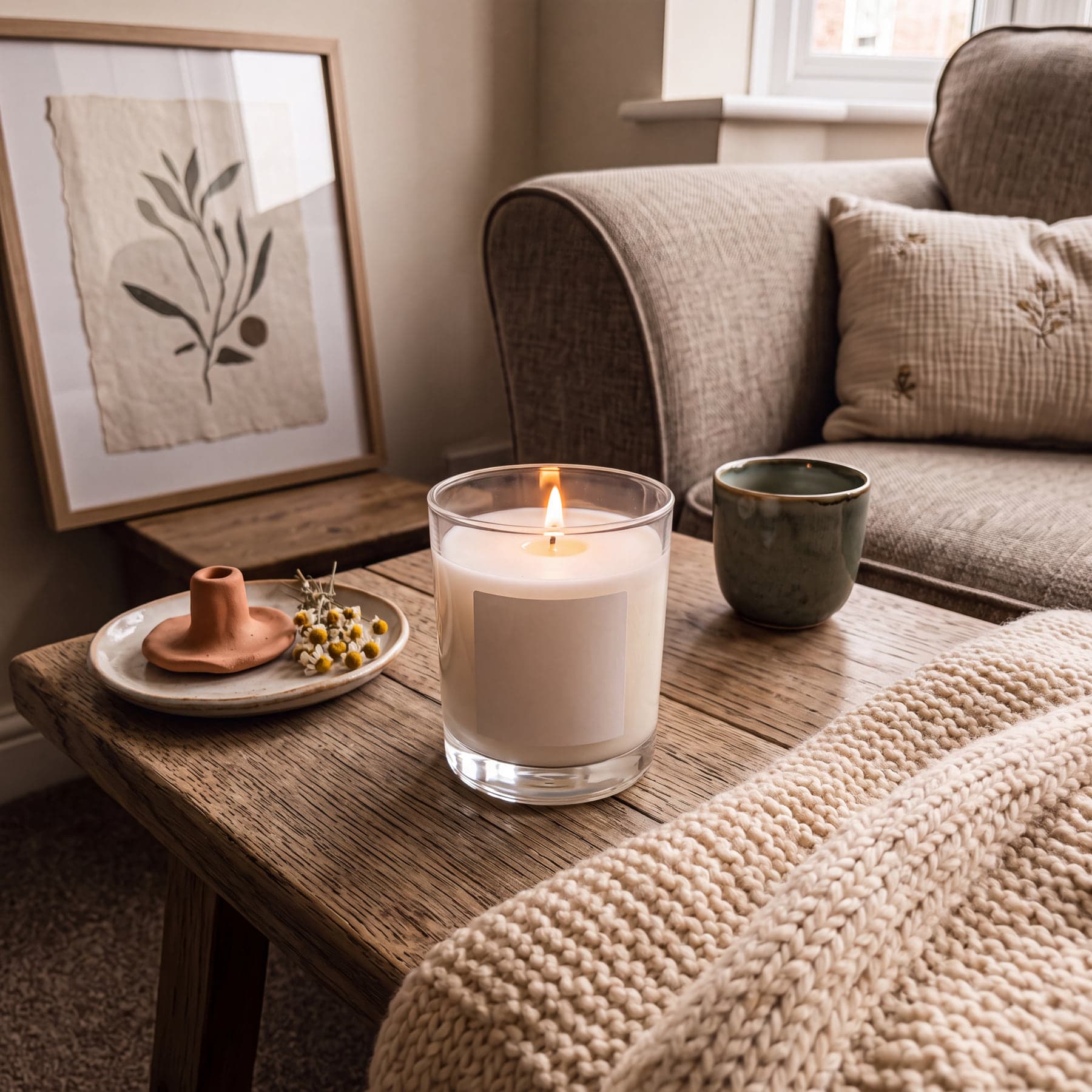 A scented candle shot on a table with a phone, and the same candle in a styled interior