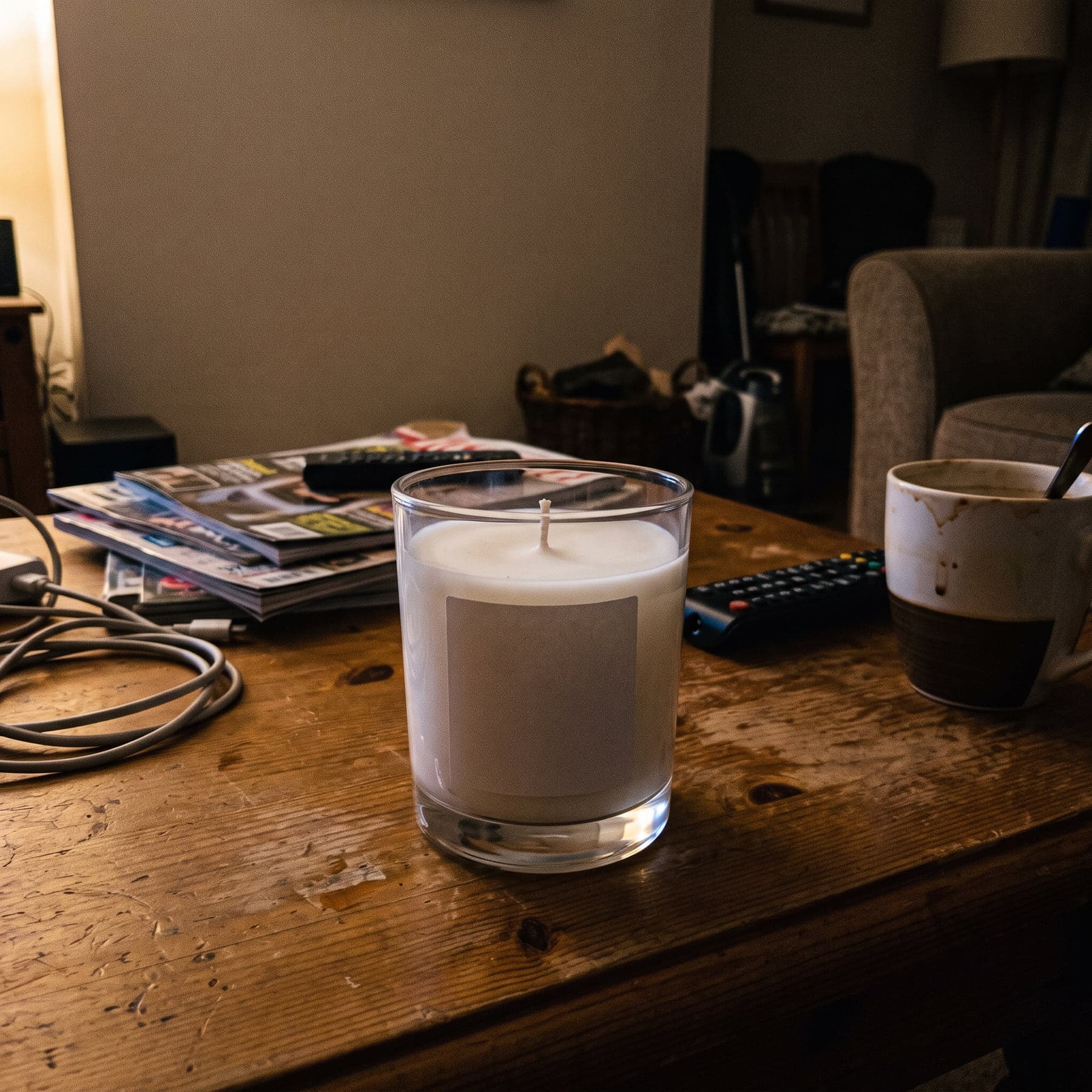 A scented candle shot on a table with a phone, and the same candle in a styled interior